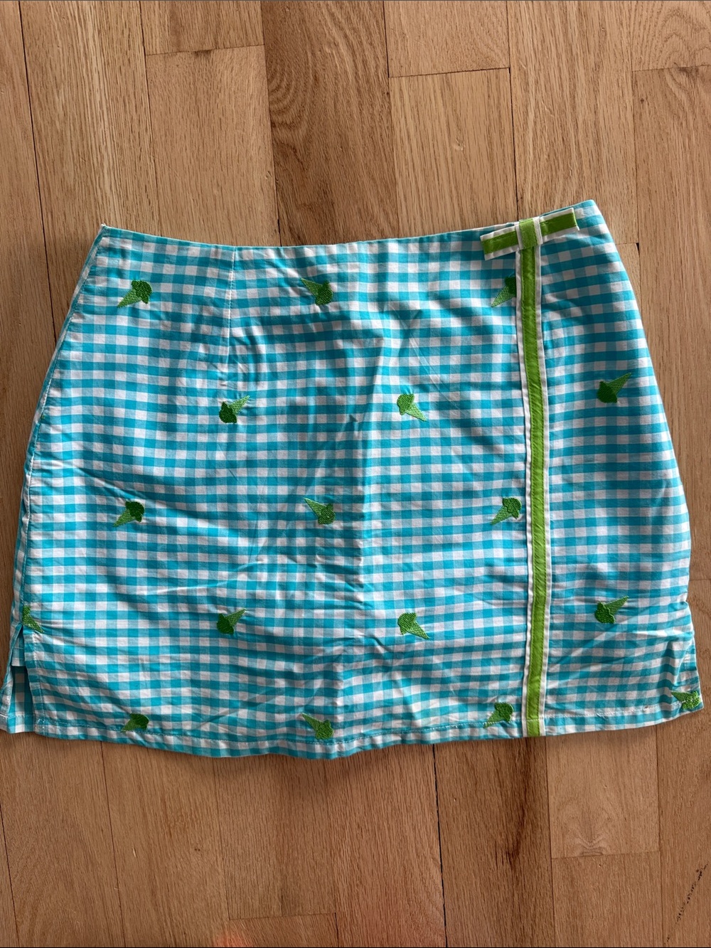 Lilly Pulitzer Aqua and White Gingham Mini Skirt with Green Embroidery